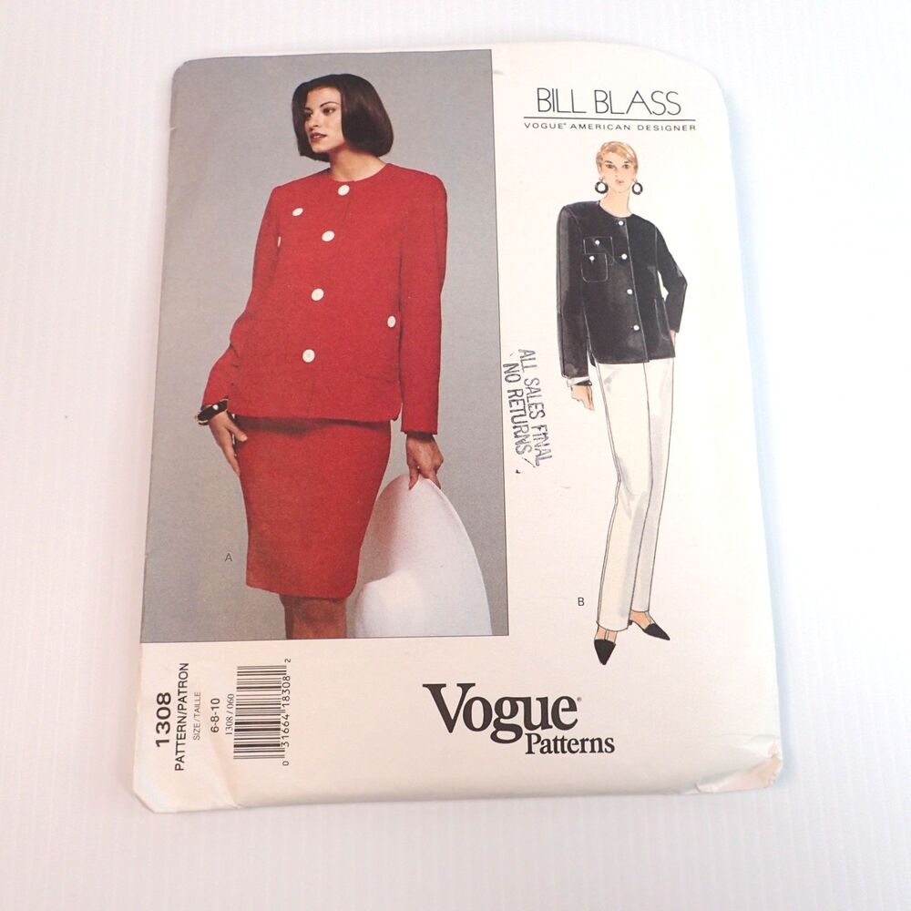 Vtg Vogue Bill Blass Designer Sewing Pattern 1308 SZ 6 8 10 UNCUT FF
